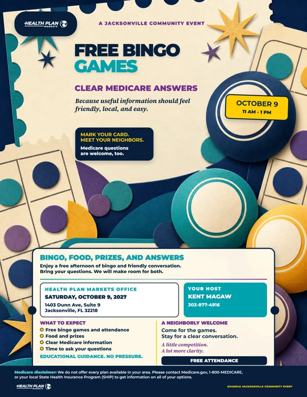 Bingo Games community event flyer, Bingo Card Pop concept.