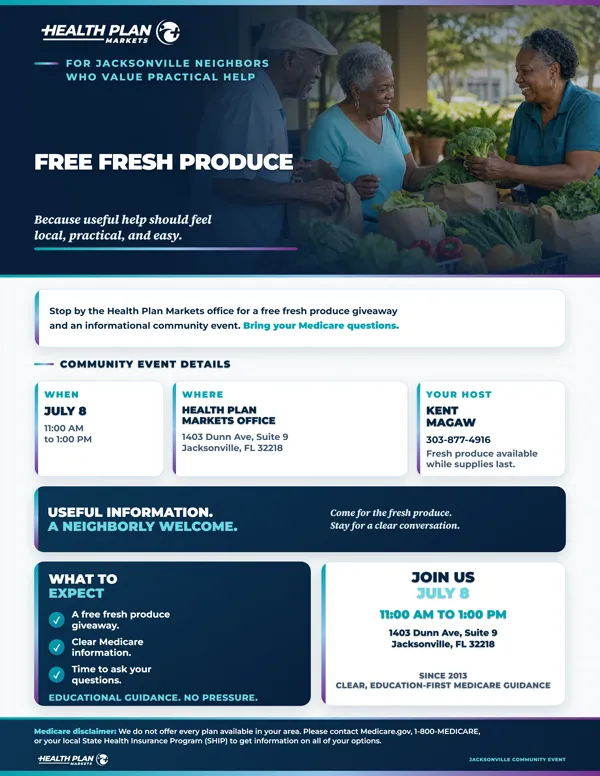 Fresh Produce Giveaway community event flyer, studio layout.