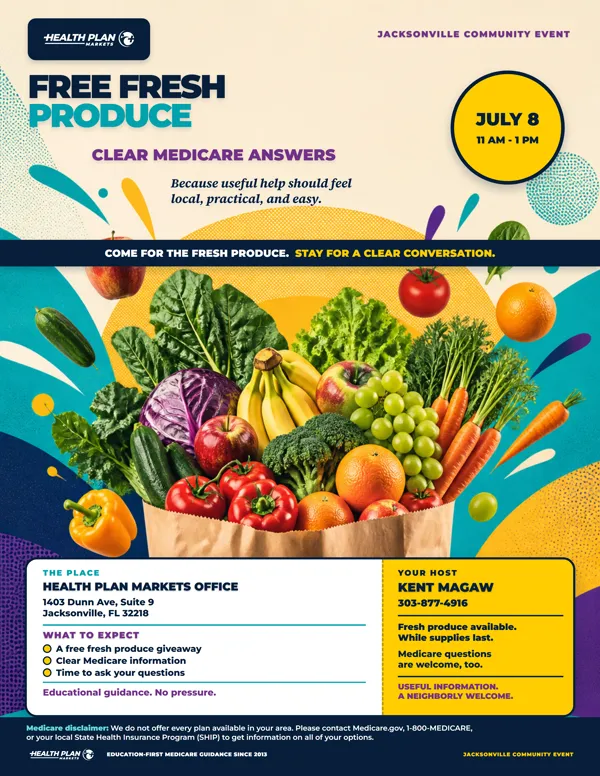 Fresh Produce Giveaway community event flyer, Grocery Bag Burst concept.