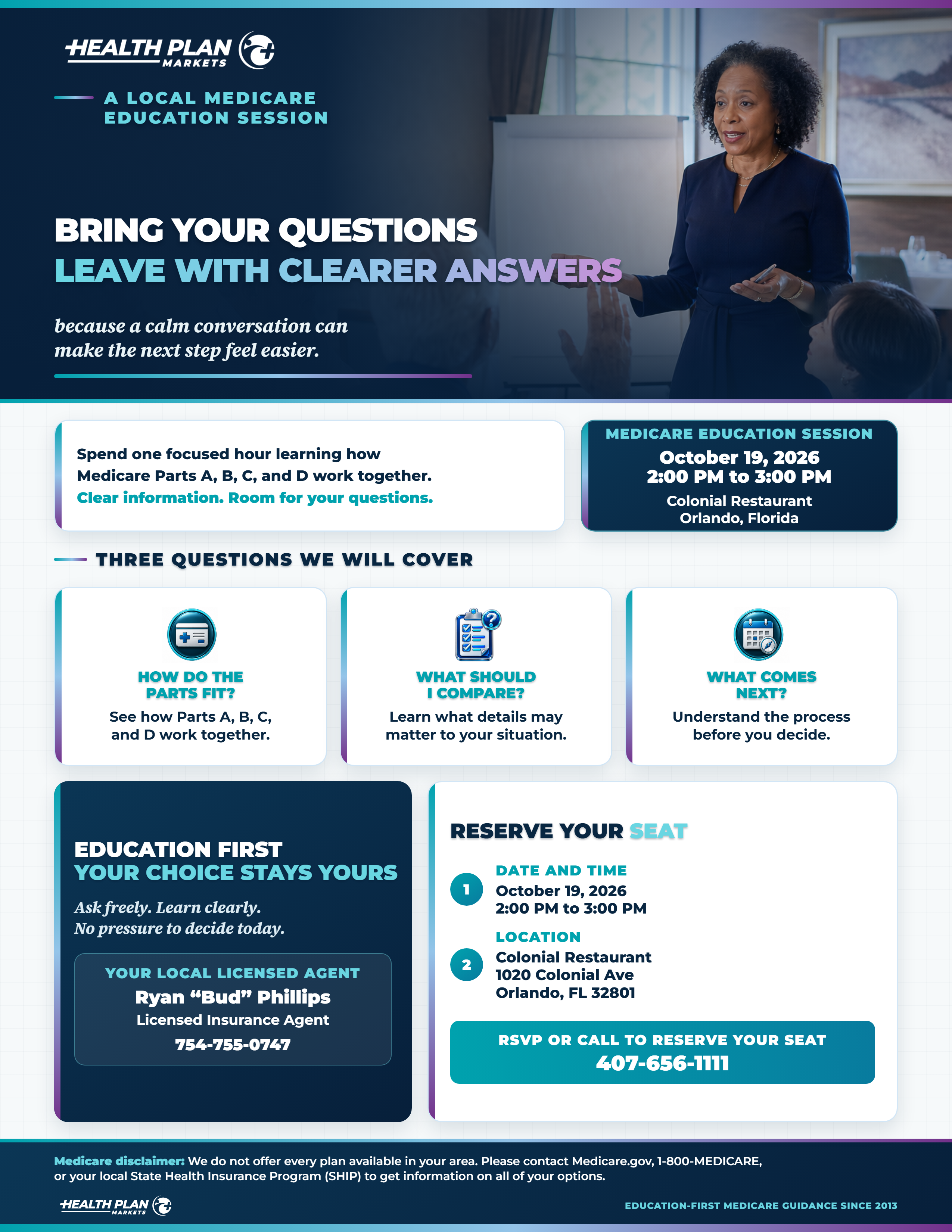 Medicare Education Seminar flyer, Professional Briefing concept.