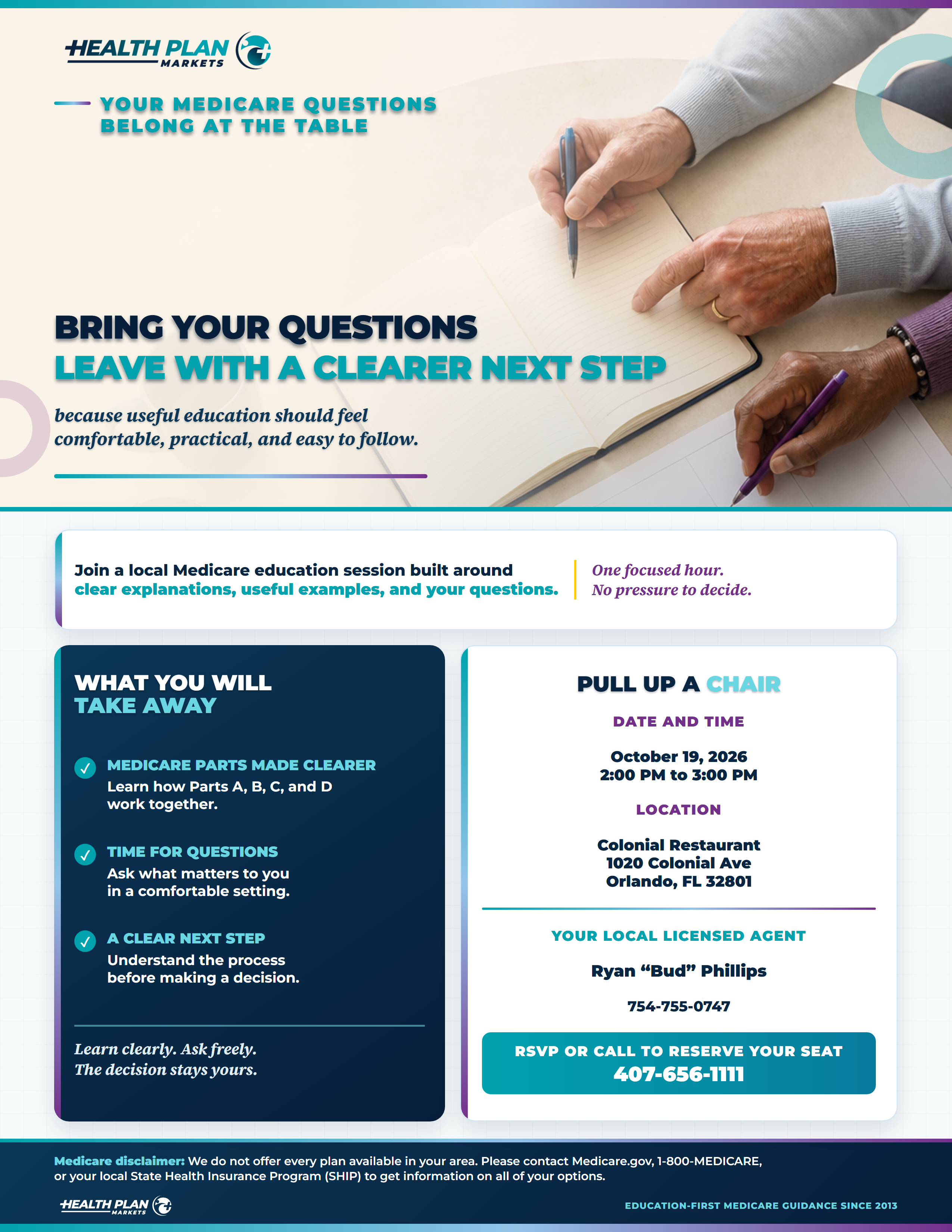 Medicare Education Seminar flyer, Question Table concept.