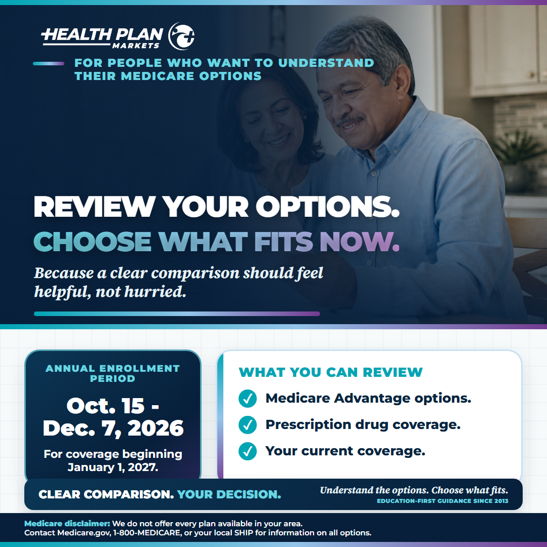 Review Your Options Annual Enrollment Period square social media post.