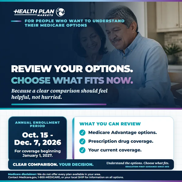 Review Your Options Annual Enrollment Period square social media post.