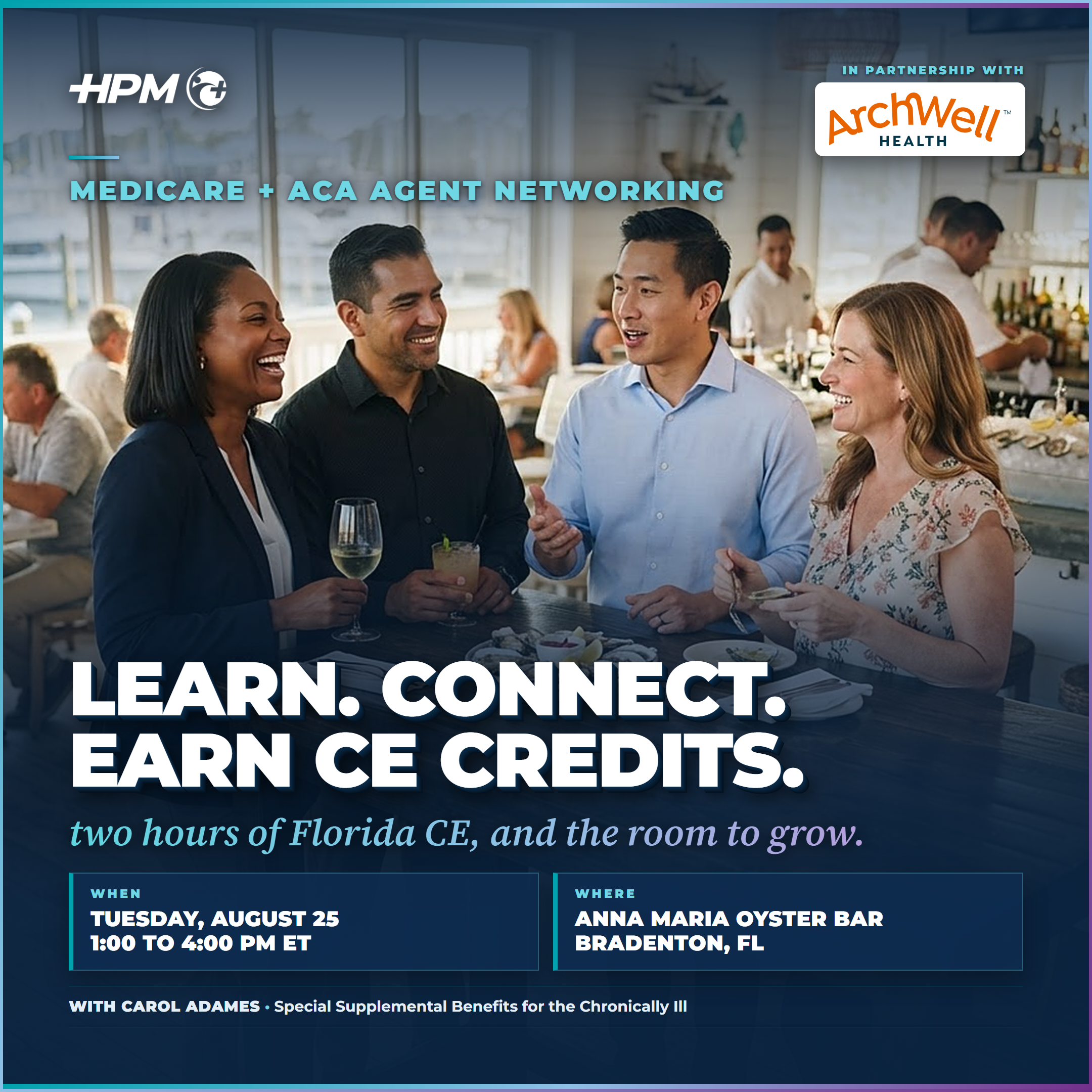 HPM x ArchWell square event graphic for the August 25 Bradenton Medicare and ACA CE networking event