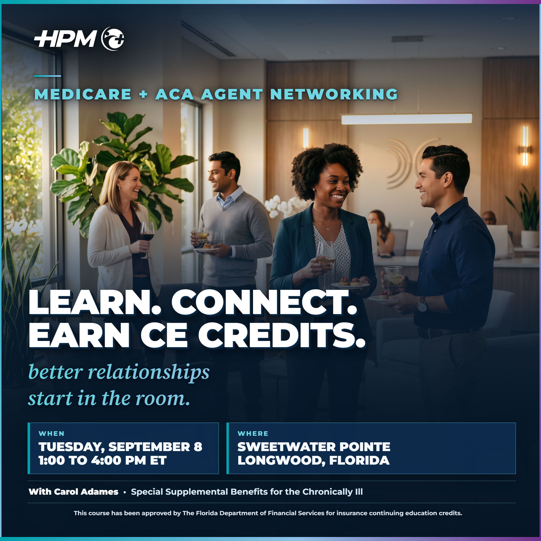 HPM x VIP Seminole square event graphic for the September 8 Longwood Medicare and ACA CE networking event