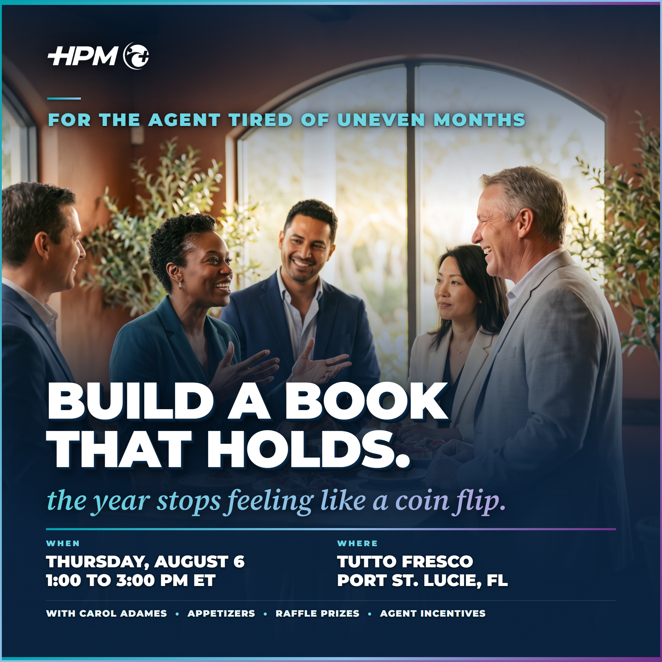 HPM square event graphic for Medicare agents, August 6 at Tutto Fresco in Port St. Lucie